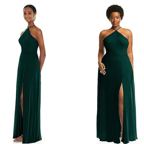 Dessy Lovely Lux Chiffon Halter backless Adjust Strap Maxi Evergreen Dress NWT 4 - Picture 2 of 9